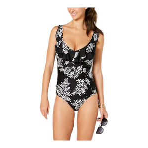 Tommy Hilfiger Printed Ruffle One-Piece Swimsuit Black & White Size 8 EUC
